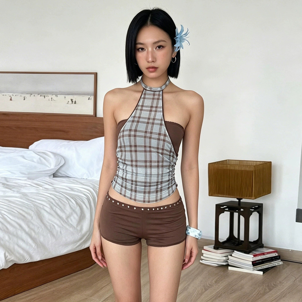ZARA Retro Y2K Summer Colorblock Patchwork Plaid Halter Tank Top
